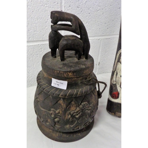 68 - Wooden Ethnic Pot Depicting Unusual Carved Animals