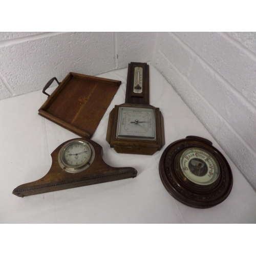 84 - Vintage Barometers x 2 ,  Mantle Clock and Crumb Tray