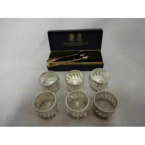 93b - Arthur Price Napkin Rings and Sugar Tongs in Original Box