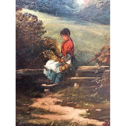 2 - A Large Oil On Canvas by an Unknown Artist of a Girl in a Red Shawl holding a sheaf of corn sitting ... 