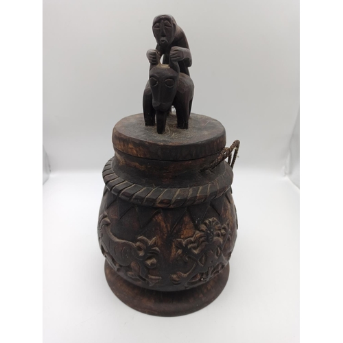 68 - Wooden Ethnic Pot Depicting Unusual Carved Animals