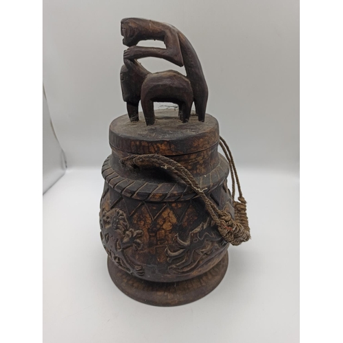 68 - Wooden Ethnic Pot Depicting Unusual Carved Animals