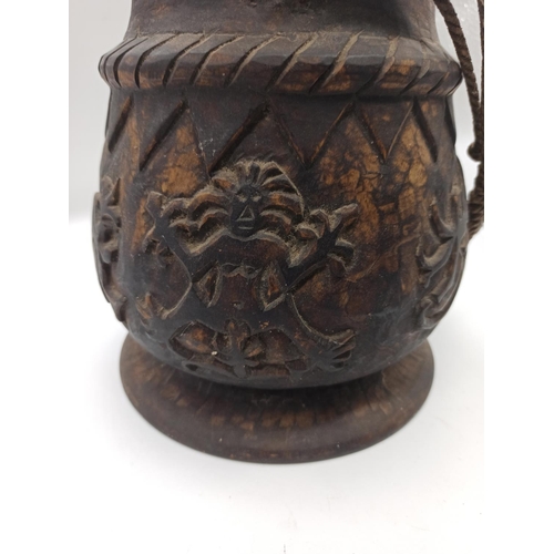 68 - Wooden Ethnic Pot Depicting Unusual Carved Animals