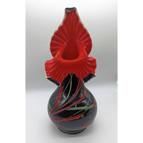 83a - A Studio Glass Black and Red Flower Vase with Pontil Mark