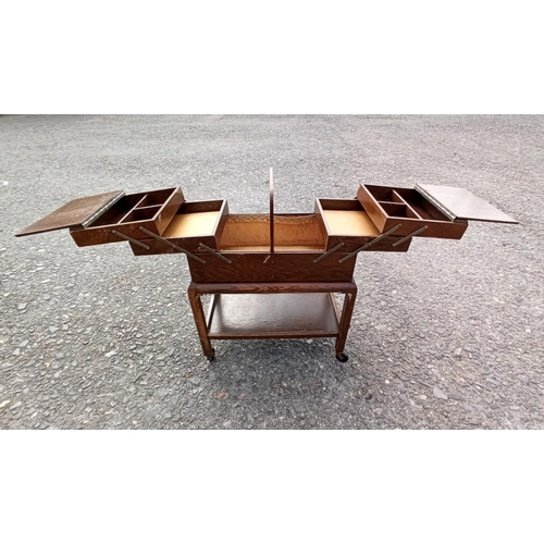 92 - A Vintage Wooden Cantilever Sewing Box on a Trolley Base