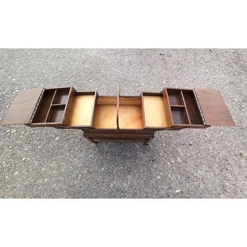 92 - A Vintage Wooden Cantilever Sewing Box on a Trolley Base