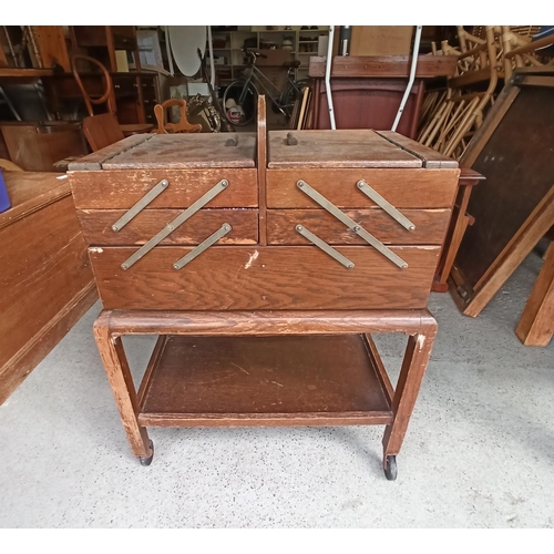 92 - A Vintage Wooden Cantilever Sewing Box on a Trolley Base