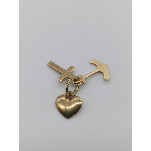 19c - 9 Carat Gold Charms inc. Anchor, Crucifix and Heart 0.4grms