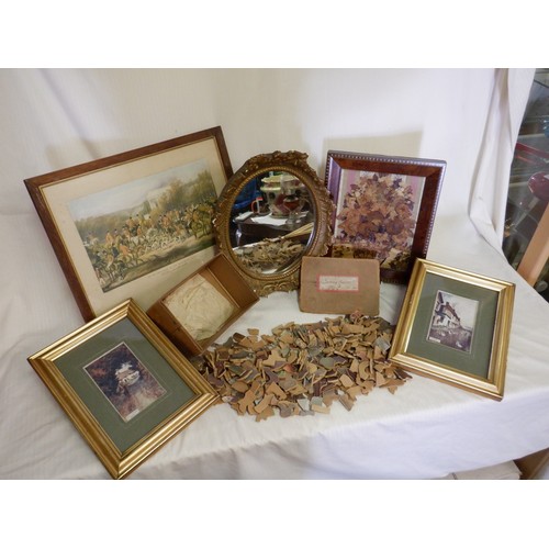 761 - Mixed Boxed Selection inc. Wooden Jigsaw Puzzle, Framed Prints and Mirror (stand broken)