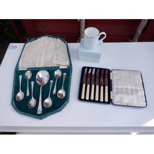 754 - Set of 7 Oyster Style Spoons with 1940 Gift Tag Attached and a Set of Pate Knives and Clarence House... 