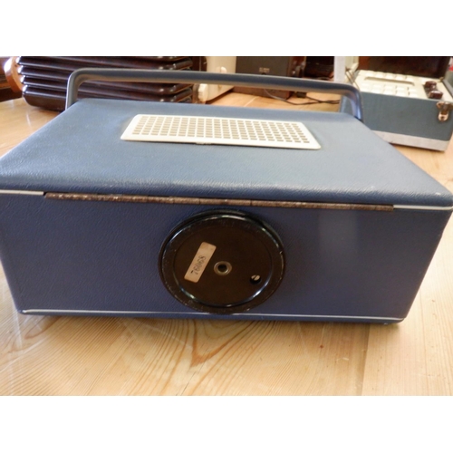 109 - Vintage Herald Hacker Model RP30 Portable Radio in Blue Leather Type Case on Turntable, small damage... 