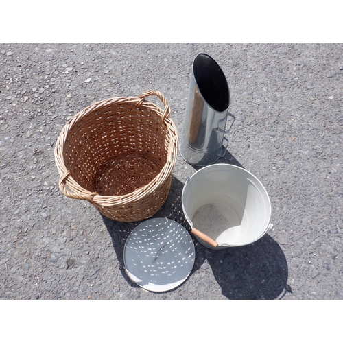 133 - Wicker Log Basket, Metal Painted Ash Bucket and Galvanised Coal Scuttle