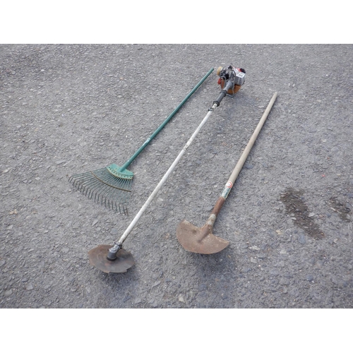 138 - Tondu Brush Cutter with Kawasaki Engine Straight Shaft ( no guard fitted) plus Lawn Rake and Bull Do... 