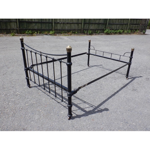 240 - Doble Vintage Painted Black Metal Bedstead with Brass Tops with Castors approx. 216l x 138w x 108H c... 