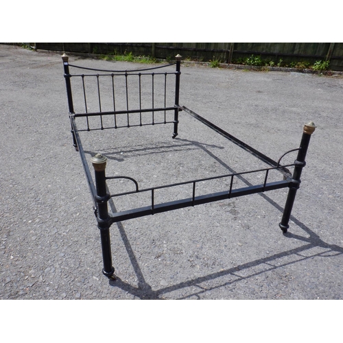 240 - Doble Vintage Painted Black Metal Bedstead with Brass Tops with Castors approx. 216l x 138w x 108H c... 