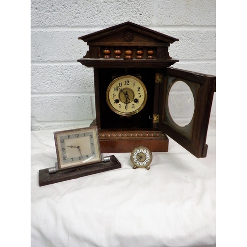 249 - Ornatly Carved Mantle Clock with Key and Pendant plus other items inc. West German Travel Clock and ... 