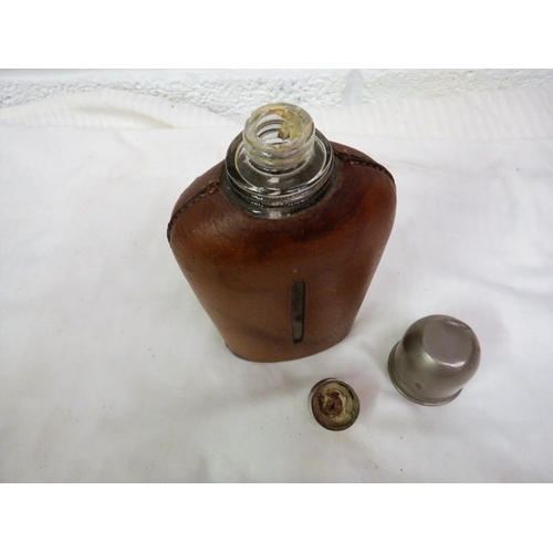 275 - Early 1900's Hip Flask with Leather Cover - Cork Missing otherwise good condtion