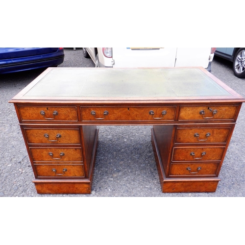 290 - Walnut Veneered Green Leather Topped Office Desk with 8x Various Sized Drawers approx. 136w x 76d x ... 