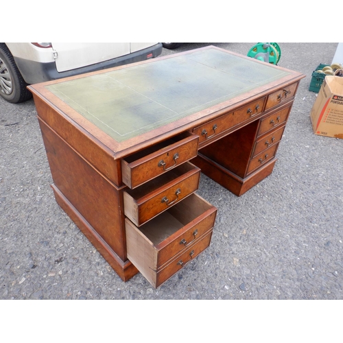 290 - Walnut Veneered Green Leather Topped Office Desk with 8x Various Sized Drawers approx. 136w x 76d x ... 