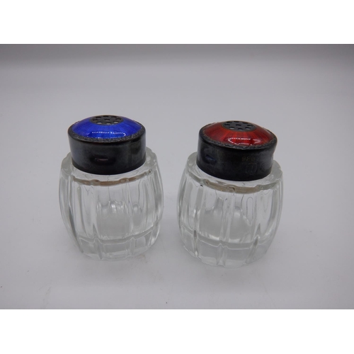 32 - A Set of Vintage .925 Silver Guilloche Enamel Crystal Salt and Pepper Shakers - Meka Denmark