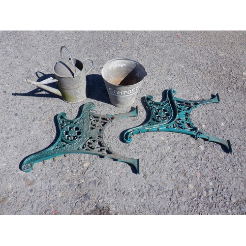 349 - A Pair of Iron Bench Seat Ends Painted Greens and a Galvanised Watering Can and Bucket