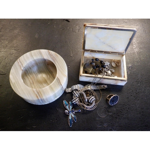 355 - Onyx Trinket Box with Costume Jewellery and an Onyx Cigarette Tray