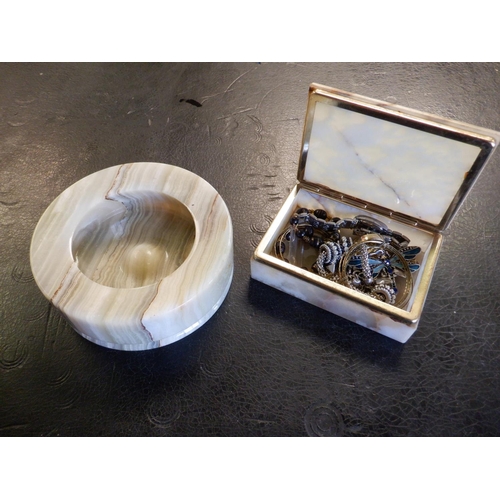 355 - Onyx Trinket Box with Costume Jewellery and an Onyx Cigarette Tray