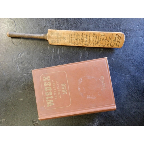 356 - Wisden Cricketers Almanac 1956 and a 1956 Ornamental Cricket Bat (Souvenir Items) with signatures fr... 