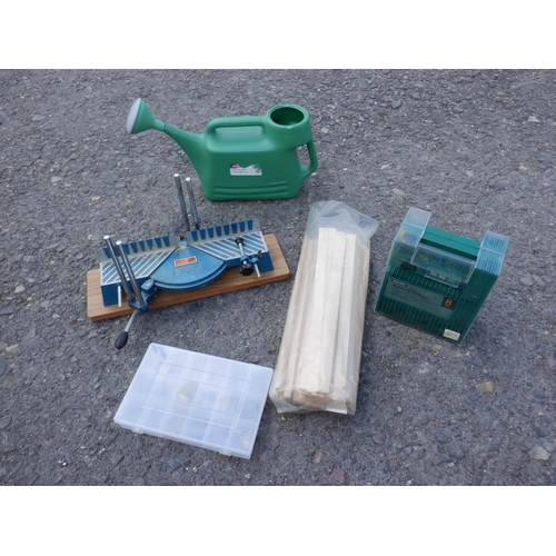 634 - A Quantity of Tools inc. Battery Charger, Mitre, Balsa Wood and Watering Can