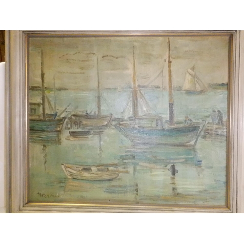 36p - An Oil on Canvas of Fishing Boats in Harbour indistinct signature 