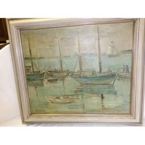 36p - An Oil on Canvas of Fishing Boats in Harbour indistinct signature 