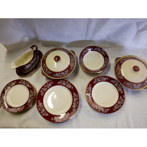 623 - A Mid Winter Stylecraft Maroon Meadowsweet Dinner Service- 2 x Lidded Tureen, 1 x Gravy Boat and Sau... 