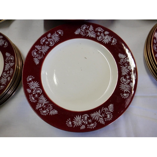 623 - A Mid Winter Stylecraft Maroon Meadowsweet Dinner Service- 2 x Lidded Tureen, 1 x Gravy Boat and Sau... 