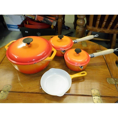 654 - An Orange Le Cruset Casserole Pot, 2 x Lidded Saucepans and Small Frying Pan