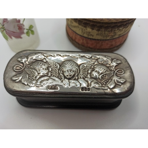 45a - A Victorian Silver Topped Leather Trinket Box, Bon Bon Box and Silver Lipped Posy Vase