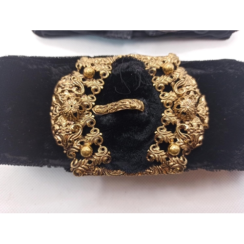 56b - An Elaborate Gilt Buckle and Art Deco Buckle on Velvet Belts