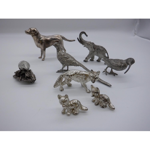 200a - A Group of White Metal Animal Ornaments inc. Family of Foxes, Pheasant, Labrador etc.