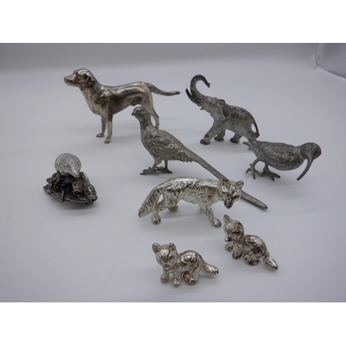 200a - A Group of White Metal Animal Ornaments inc. Family of Foxes, Pheasant, Labrador etc.