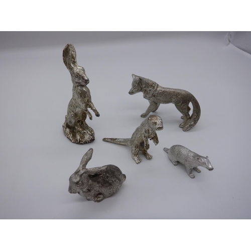 200b - A Group of White Metal Animal Ornaments Rabbit, Hare, Badger, Otter and Fox