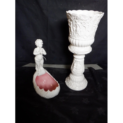 696 - Ceramic White Glazed Small Jardinere Planter 45cm high and a Ceramic White Glazed Ornamental Figurin... 