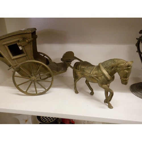 339X - A Brass Horse and Gig Ornament and Cast Metal Vase