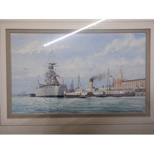 54a - Signed Watercolour By Colin Baxter of Ryde Passing the Stern of HMS Nelson C1946.  Signed on front a... 