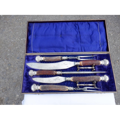 81 - An Antique Cased Antler Handled Carving Set