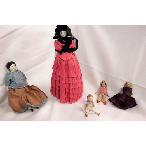 80 - Circa 1800's Peg Doll and Other Antique China Head Minature Dolls in Original Costumes