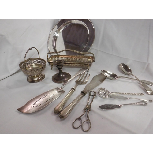 84 - A Selection of Vintage Plateware including Cake Knife and Fork, Sugar Tongs, Plate, Sugar Cube Dish,... 