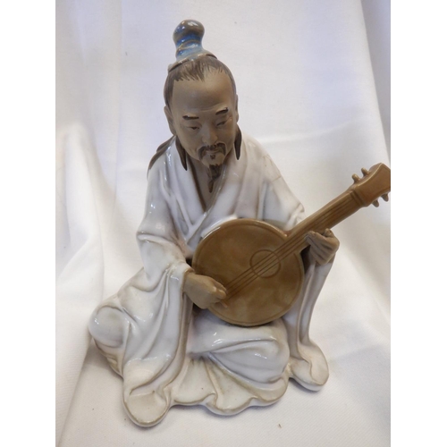 68e - Vintage Asian Chinese Teacher/ Philosopher, Shiwan Seated Samurai Mudman,  Mudman Playing Guitar, Ch... 