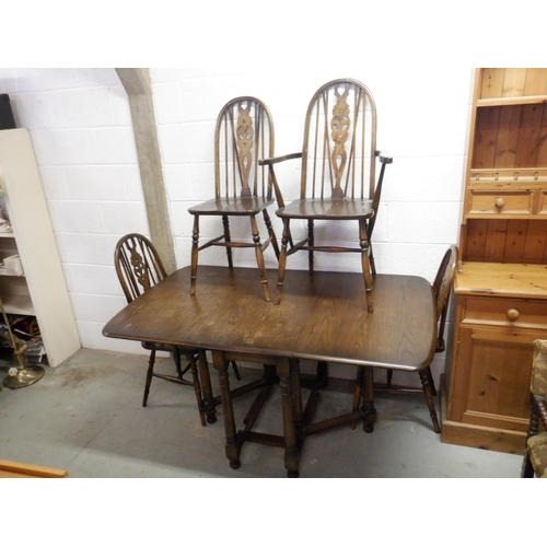 263b - A Drop Leaf Oak Table 150 x 90cm Extended with 4 x Fleur De Lys Chairs ( 2 Carvers inc.)