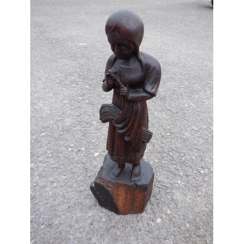 58 - A  Large Carved Wooden Statue of a Peasant Girl Gathering Wheat approx. 70cm High