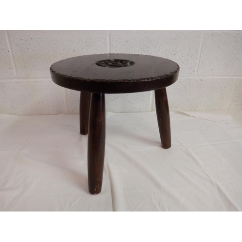 275 - Solid 3 Leg Round Stool With English Rose Carving in Seat 38 x 34cm