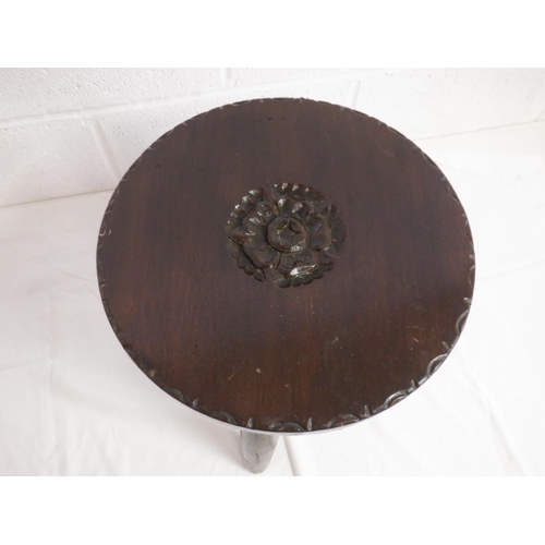 275 - Solid 3 Leg Round Stool With English Rose Carving in Seat 38 x 34cm